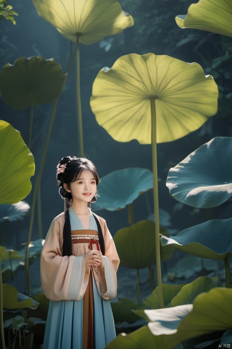 YT lotus leaf,minigirl,
1girl,solo,smile,black hair,hair ornament,long sleeves,holding,standing,