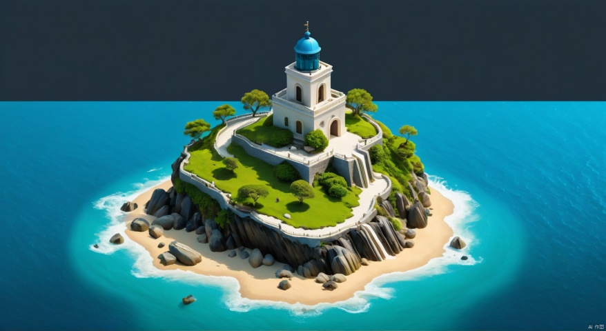  Micro landscape,Miniature photography, (surrealist dream style),
masterpieces, best quality,((((simple background,isometric view)))), 
An island on the sea, tower,object,(((no humans))),dynamic graphic art,professional simbol design,Very Complex perfect elegant composition