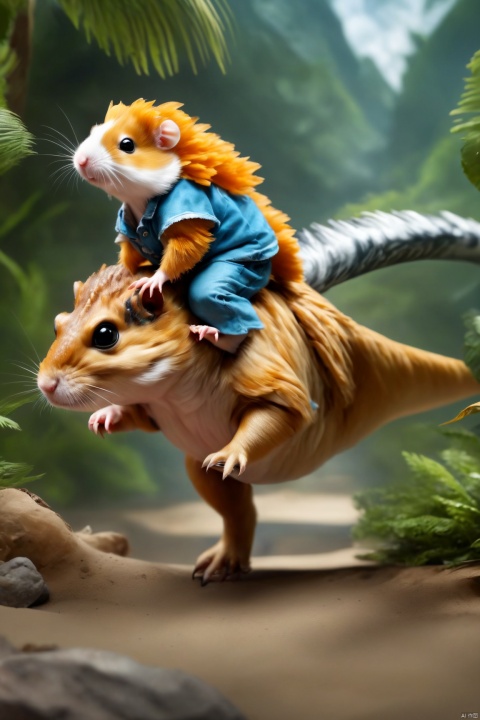  Hamster riding a dinosaur, tiny hamsters and giant dinosaurs,Tyrannosaurus rex, dinosaur, beautiful feathers, scary teeth, ((Best quality)), ((Best quality)),((Best quality)),((realistic)),((exterior view)),photo realistic,(masterpiece),orante,super detailed,intricate,photo like image quality, Hamster, ZLJ
