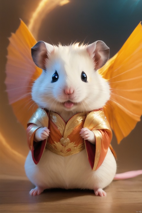 GMajic, Giant anthropomorphic Hamster, Disk Seat, Space, Wings, Clothes, epic sense, Realistic Style, masterpiece, HD resolution, 8k wallpaper, rich details, rich colors, the art of light and shadow,Buddhism,composed of elements of thunder,thunder,electricity,water, shushu