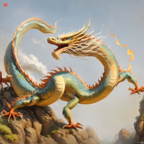 loong,outdoors,sky,teeth,day,blue sky,no humans,fangs,sharp teeth,claws,scales,（eastern dragon：1.2）

