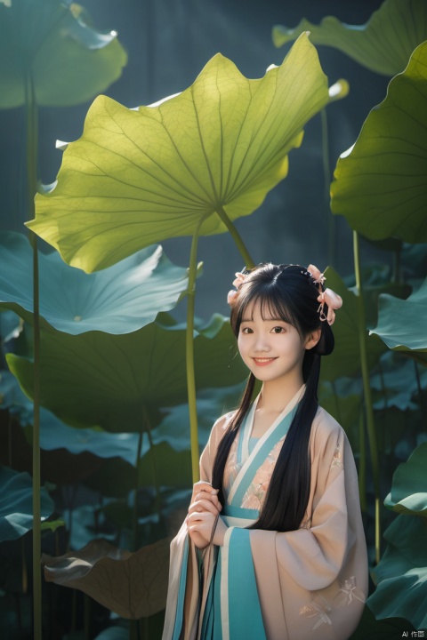 YT lotus leaf,minigirl,
1girl,solo,smile,black hair,hair ornament,long sleeves,holding,standing,