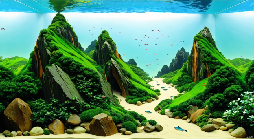  (Micro landscape:1.5), (fish ****:1.5),( many plants:1.3), (rich colors), there are plants and rock inside, the foreground is sand, the middle scene is a combination of rock and sunken wood perspective proportion of the landscape, rich in layers, the far view is a distant and invisiblemystery, triangular composition, beautiful scene, by yuan jiang, iddern minimalist: Detailed: reach the top Yuasily, ji Haifesch, by Yi na