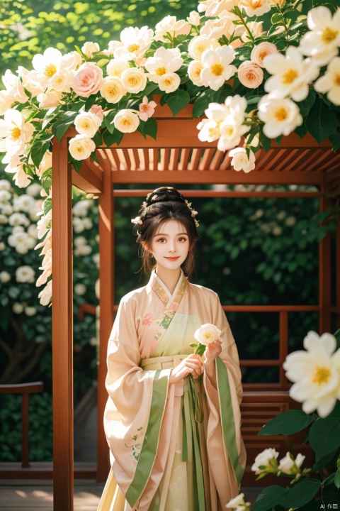 masterpiece,（Rosa banksiae：1.05）,outdoor,a girl,vine,white flower,this picture shows an Asian woman in traditional Chinese clothing. she is standing under a flower stand covered with white flowers. her clothing is a light brown and beige robe embroidered with delicate patterns. her hair is combed into a traditional bun,she was decorated with pink flowers. She held a small flower and looked at the camera with a smile. In the background,there were green plants and light spots formed by the sun through the leaves. The whole scene gave people a sense of tranquility and harmony,