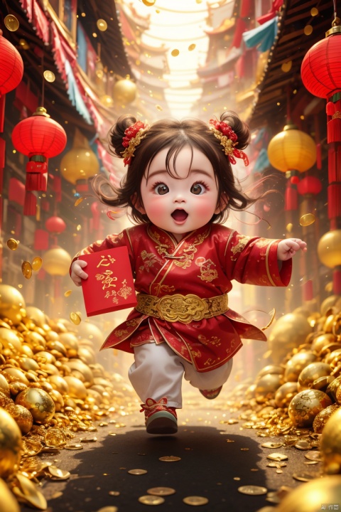 (best quality,4k,8k,highres,masterpiece:1.2), Red envelope rain, golden light, particle effects, spring Festival elements, Red envelope, red, baby, run to the audience, Blurred Background, Scattered, splashed  Red envelope, solo, ultra hd, (best quality), high detail, 8k, holding, running background, looking
, run, Red envelope rain, (\shi shi ru yi\)