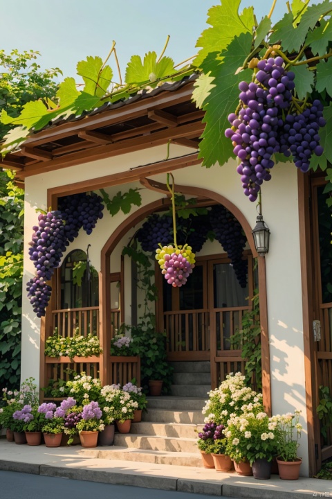 masterpiece,(Grape:1.15),vine,realistic,Homestay,there is a flower stand with grapes on it,