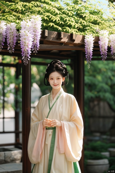 masterpiece,（Wisteria sinensis：1.05）,outdoor,a girl,vine,white flower,this picture shows an Asian woman in traditional Chinese clothing. she is standing under a flower stand covered with white flowers. her clothing is a light brown and beige robe embroidered with delicate patterns. her hair is combed into a traditional bun,she was decorated with pink flowers. She held a small flower and looked at the camera with a smile. In the background,there were green plants and light spots formed by the sun through the leaves. The whole scene gave people a sense of tranquility and harmony,