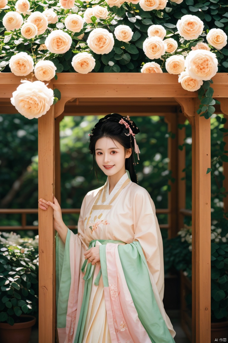 masterpiece,(Rosa banksiae:1.25),outdoor,a girl,vine,white flower,this picture shows an Asian woman in traditional Chinese clothing. she is standing under a flower stand covered with white flowers. her clothing is a light brown and beige robe embroidered with delicate patterns. her hair is combed into a traditional bun,she was decorated with pink flowers. She held a small flower and looked at the camera with a smile. In the background,there were green plants and light spots formed by the sun through the leaves. The whole scene gave people a sense of tranquility and harmony,