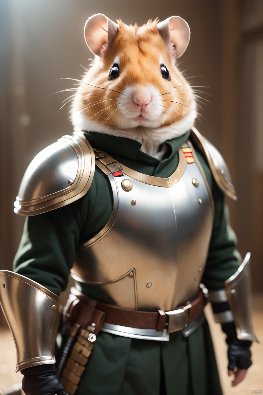 Anthropomorphic Hamster, wearing military uniform, armor, weapons, war rattling,(chiaroscuro,Fujicolor, UHD, super detail ,raw,85mm,f/1.2,FujifilmXT4,)
