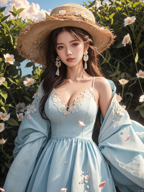  masterpiece, 1 girl, 18 years old, Look at me, long_hair, straw_hat, Wreath, petals, Big breasts, Light blue sky, Clouds, hat_flower, jewelry, Stand, outdoors, Garden, falling_petals, White dress, textured skin, super detail, best quality, HUBG_Rococo_Style(loanword), hanfu, myinv