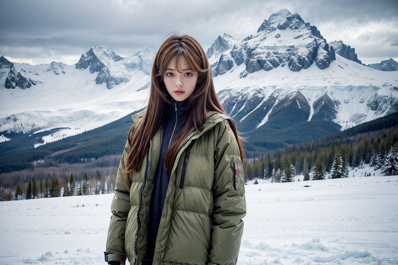  1girl ,long hair,On the snowy mountains, down jackets, hunting


