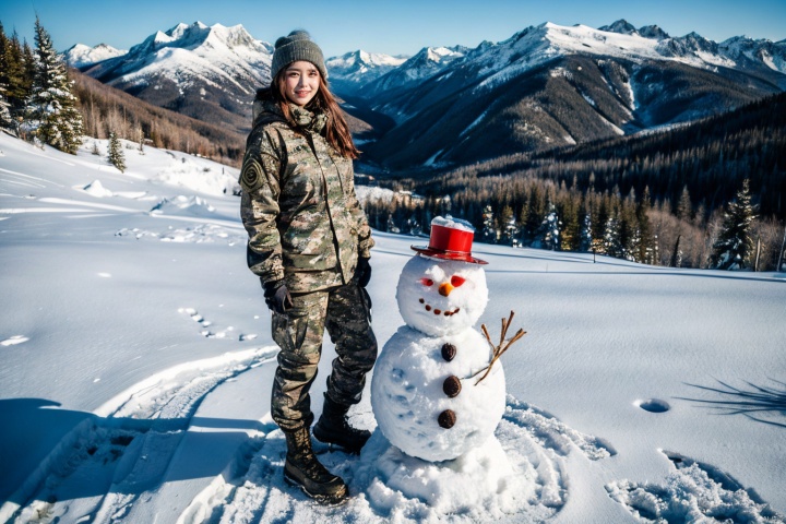 female soldier,An excited expression,On the snowy mountains, Camouflage clothing, full body, make a snowman, tyqp, 1girl