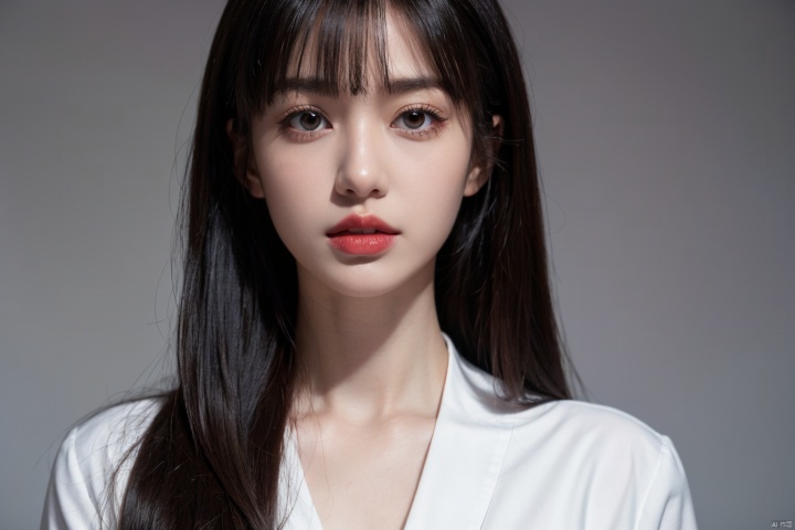 (Masterpieces,highest quality,8k,realistic hyper - detail,absurdres,), 1girl,solo,black hair,long hair,jewelry,bangs,looking at viewer,blunt bangs,grey eyes,branch,bracelet,upper body,ring,flower,lips,straight hair,hand up,closed mouth,black background,red lips,japanese clothes,beads,long sleeves,