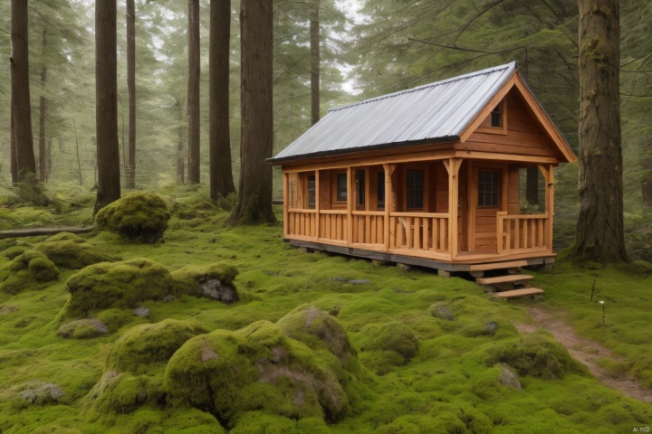 A miniature wooden house in a primitive style, with a wooden roof covered in moss, fence walls, and wildflowers. There are several pine trees next to the wooden house