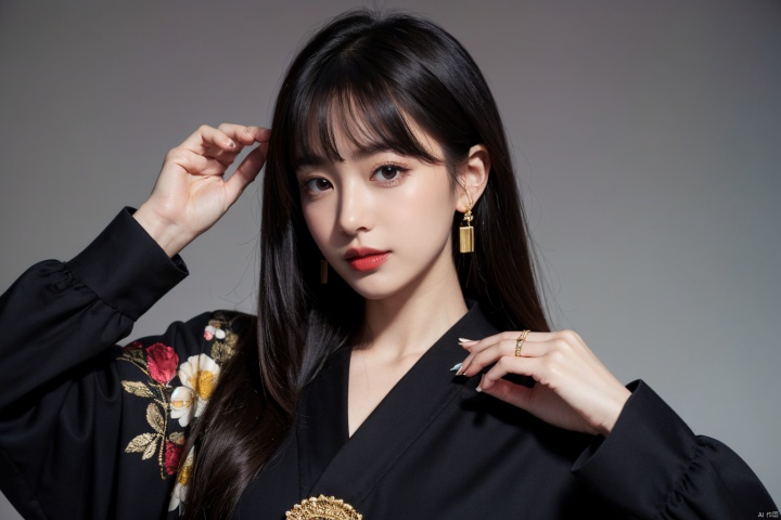 (Masterpieces,highest quality,8k,realistic hyper - detail,absurdres,), 1girl,solo,black hair,long hair,jewelry,bangs,looking at viewer,blunt bangs,grey eyes,branch,bracelet,upper body,ring,flower,lips,straight hair,hand up,closed mouth,black background,red lips,japanese clothes,beads,long sleeves,