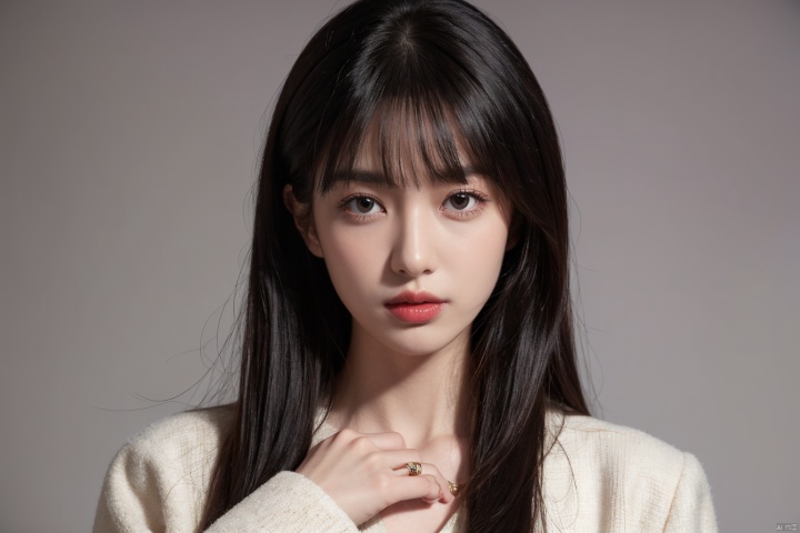 (Masterpieces,highest quality,8k,realistic hyper - detail,absurdres,), 1girl,solo,black hair,long hair,jewelry,bangs,looking at viewer,blunt bangs,grey eyes,branch,bracelet,upper body,ring,flower,lips,straight hair,hand up,closed mouth,black background,red lips,chinese clothes,beads,long sleeves,