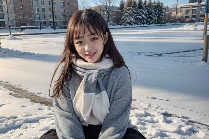Snowy days,iceberg, A girl sitting on the snow

, sufei, 1girl,smile,police, hand101