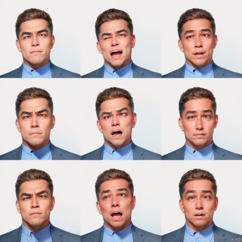  realistic,masterpiece, best quality, highres, ultra-detailed, 8k uhd, RAW, Realistic skin, skin texture, realism photo, 
1man, 
blank white background, blank background, white background, 
close-up, face expression sheet, same person, 9 face expressions,grid,smile, laughing, crying, tired, sly smirk, shy, grumpy,surprised,terrified,

 rich expressions face, different expressions, All kinds of facial expressions, vivid expressions, exaggerated expressions,