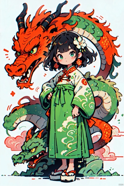  national tide,1girl, eastern dragon, green dragon,traditional chinese clothing, looking at viewer, full body,(Laurie: 1.2), white background, children's illustrations, masterpiece, best quality, national tide