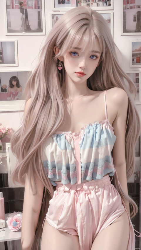  1girl,(((big breasts:1.2))),message hair,(oval face:1.2),lipgloss,the background is a white wall covered with newspapers and stickers,tiled background,(white_skin:1.4),indoor,roomi,the white wall,long hair,decorations,ribbon trim,neon,embellished costume,ornament,close_mouth,(happy_valentine:1.2),ornament,loose belt,(baby face:1.2),pose for the mirror,having a dual tone hair blend of light blue and light pink,(with long bangs covering one eye:1),eye_contact,glint,8k,masterpiece,best quality,Girl's face,makeup,fundoshi,mascara,(colored_eyelashes:1.1),,(The upper body includes the thighs:1.4),