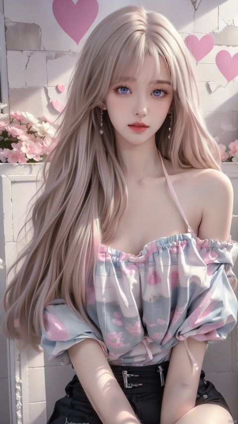  1girl,(((big breasts:1.2))),message hair,(oval face:1.2),lipgloss,the background is a white wall covered with newspapers and stickers,tiled background,(white_skin:1.4),indoor,roomi,the white wall,long hair,decorations,ribbon trim,neon,embellished costume,ornament,close_mouth,(happy_valentine:1.2),ornament,loose belt,(baby face:1.2),pose for the mirror,having a dual tone hair blend of light blue and light pink,(with long bangs covering one eye:1),eye_contact,glint,8k,masterpiece,best quality,Girl's face,makeup,fundoshi,mascara,(colored_eyelashes:1.1),,(The upper body includes the thighs:1.4),