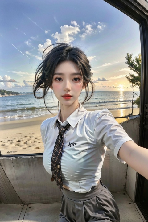  Enhanced, masterpiece, 16K, JK, 1 girl, glasses, short hair, school uniform, skirt, xxmix_girl,a woman takes a fisheye selfie on a beach at sunset, the wind blowing through her messy hair. The sea stretches out behind her, creating a stunning aesthetic and atmosphere with a rating of 1.2.,xxmix girl woman