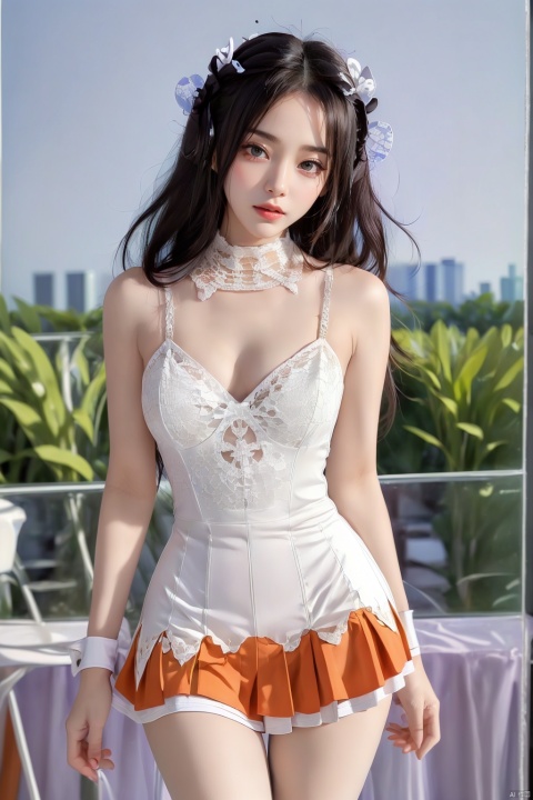  Depth of field ,looking_at_viewer, （Lace skirt：1.2），kind smile,in the garden, HDR, UHD, 8K, A real person,(masterpiece:1.21),(best quality:1.331),((ultra-detailed)),((extremely best illustration)),((amazing)),1girl,Black tight sweater, off the shoulder, with straps,