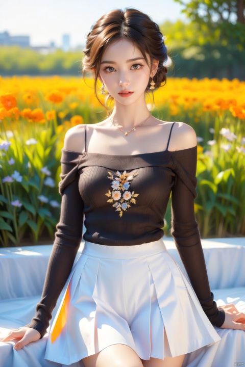  Depth of field ,looking_at_viewer, （Lace skirt：1.2），kind smile,in the garden, HDR, UHD, 8K, A real person,(masterpiece:1.21),(best quality:1.331),((ultra-detailed)),((extremely best illustration)),((amazing)),1girl,Black tight sweater, off the shoulder, with straps,