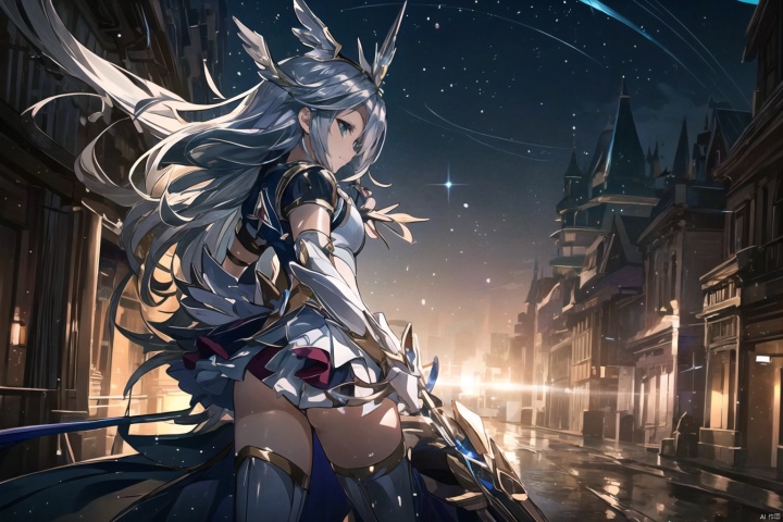 (Magical girl:1.3),smile,(ultra detailed perfect piece:1.2), illustration, masterpiece, (extremely detailed CG 8k), (very fine 8K CG),(silver long hair:1.2), (long hair),green eyes,sparkling,women,magic scenery background ,HXARMOUR