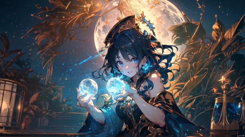  (((masterpiece))), ((extremely detailed CG unity 8k wallpaper)), best quality, high resolution illustration, Amazing, highres, intricate detail, (best illumination, best shadow, an extremely delicate and beautiful), Fantasy World,(a little girl, cute girl), bare shoulders,closed mouth, 
long hair, blue hair, blue eyes, blue which hat, 
oversized white shirt, dark cape, wind magic, 
(long sorcerer's staff, holding a wand with a blue crystal orb at the tip in one hand:1.2), magic pose,
kawaiitech, kawaii, cute colors, Magic Circle, Magic MIX1, fansty world, SEGAE, segaev, As the moon