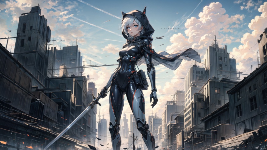  ((masterpiece:1.2)),(( best quality)), 1girl,  ,holding, sky, solo, hood up, , hood, outdoors, cloud, holding machinery sword, blue sky, white hair, short hair, ruins, building, standing, grey hair, day, from below, bodysuit, cape ,machinery, tianxie, ROBOTANIMESTYLE, robot girl,