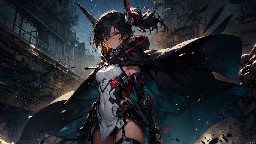  ((masterpiece:1.2)),(( best quality)), 1girl, weapon, black hair, solo, red eyes, sword,  breasts, holding sword, thighhighs, gloves, short hair, looking at viewer, white thighhighs, headgear, multicolored hair, closed mouth, black gloves, streaked hair, elbow gloves,breasts, hair between eyes, dress, mecha musume, hood, cape, machinery