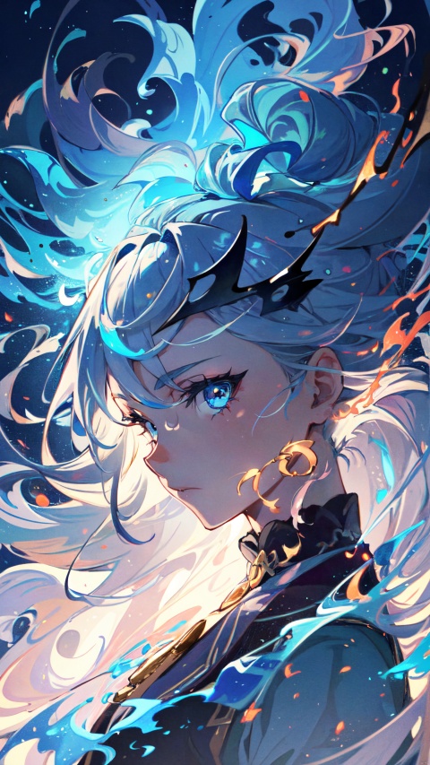  masterpiece, best quality, 1girl, a stunning anime wallpaper featuring the face of an enigmatic character with glowing eyes, long hair,surrounded by swirling flames and ethereal energy waves. Focus on materials that evoke warmth or luxury, such as silk or velvet. Vector illustration in the style of anime, with a dark blue background color, segaev, r1ge, taoist