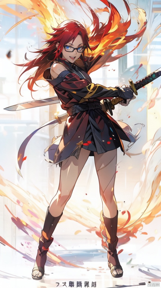  masterpiece, best quality, 1girl, Karin Uzumaki ,slender, beasts,(boots:1.1), bare shoulders,looking at viewer, fantasy world background,black glasses,red long hair, holding, open mouth, standing, full body, weapon,fire, red armor, sword,holding weapon, holding sword, katana, sheath, sheathed, fighting stance, unsheathing, segaev,  Karin_Uzumaki, Karin_Uzumaki, Naruto, taoist,Karin, mechpp