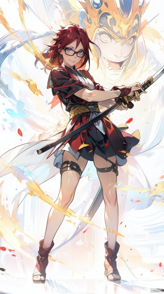  masterpiece, best quality, 1girl, Karin Uzumaki ,slender, beasts,(boots:1.1), bare shoulders,looking at viewer, fantasy world background,black glasses,red long hair, holding, open mouth, standing, full body, weapon,fire, red armor, sword,holding weapon, holding sword, katana, sheath, sheathed, fighting stance, unsheathing, segaev,  Karin_Uzumaki, Karin_Uzumaki, Naruto, taoist,Karin, mechpp