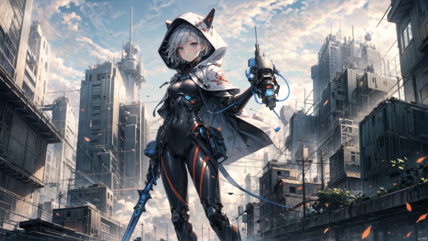  ((masterpiece:1.2)),(( best quality)), 1girl,  ,holding, sky, solo, hood up, , hood, outdoors, cloud, holding machinery sword, blue sky, white hair, short hair, ruins, building, standing, grey hair, day, from below, bodysuit, cape ,machinery, tianxie, ROBOTANIMESTYLE, robot girl,