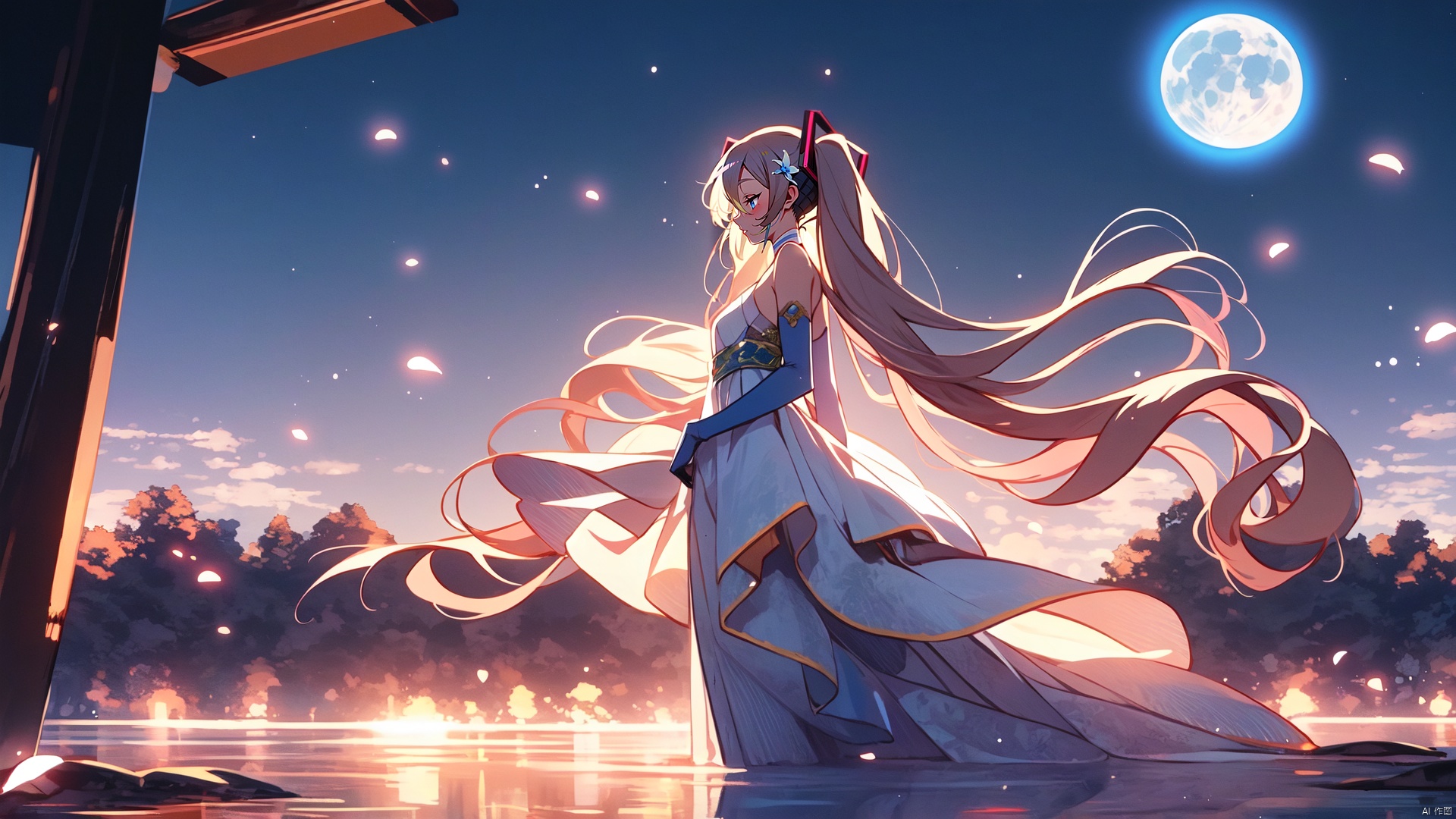 an anime character standing in the mist in a soft light setting with leaves in the air, 1girl, hatsune miku, solo, dress, long hair, closed eyes, twintails, elbow gloves, gloves, petals, very long hair, white dress, hair ornament,As the moon,jellyfishforest