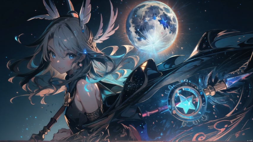  masterpiece, extremely detailed CG unity 8k wallpaper, best quality, high resolution illustration, Amazing, highres, intricate detail,  Fantasy World,(a little girl, cute girl), bare shoulders,closed mouth, 
long hair, blue hair, blue eyes, blue which hat, 
oversized white shirt, dark cape, wind magic, 
(long sorcerer's staff, holding a wand with a blue crystal staff ), magic pose,
kawaiitech, kawaii, cute colors, Magic Circle, Magic MIX1, fansty world, SEGAE, segaev, As the moon, prisma illya