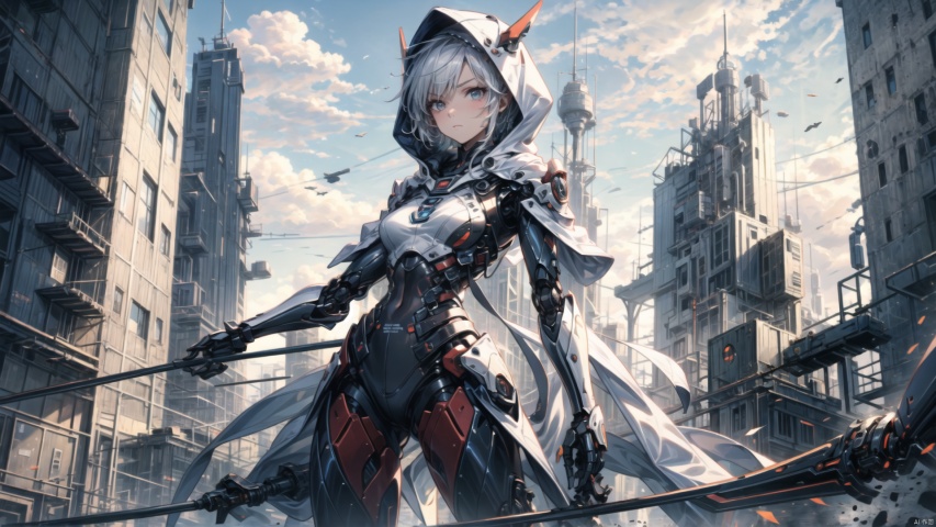  ((masterpiece:1.2)),(( best quality)), 1girl,  ,holding, sky, solo, hood up, , hood, outdoors, cloud, holding machinery sword, blue sky, white hair, short hair, ruins, building, standing, grey hair, day, from below, bodysuit, cape ,machinery, tianxie, ROBOTANIMESTYLE, robot girl,