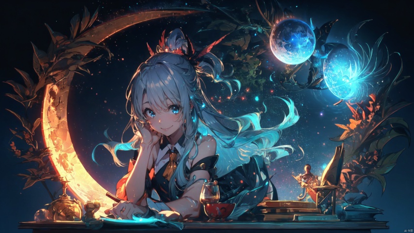  (((masterpiece))), ((extremely detailed CG unity 8k wallpaper)), best quality, high resolution illustration, Amazing, highres, intricate detail, (best illumination, best shadow, an extremely delicate and beautiful), Fantasy World,(a little girl, cute girl), bare shoulders,closed mouth, 
long hair, blue hair, blue eyes, blue which hat, 
oversized white shirt, dark cape, wind magic, 
(long sorcerer's staff, holding a wand with a blue crystal staff ), magic pose,
kawaiitech, kawaii, cute colors, Magic Circle, Magic MIX1, fansty world, SEGAE, segaev, As the moon, prisma illya