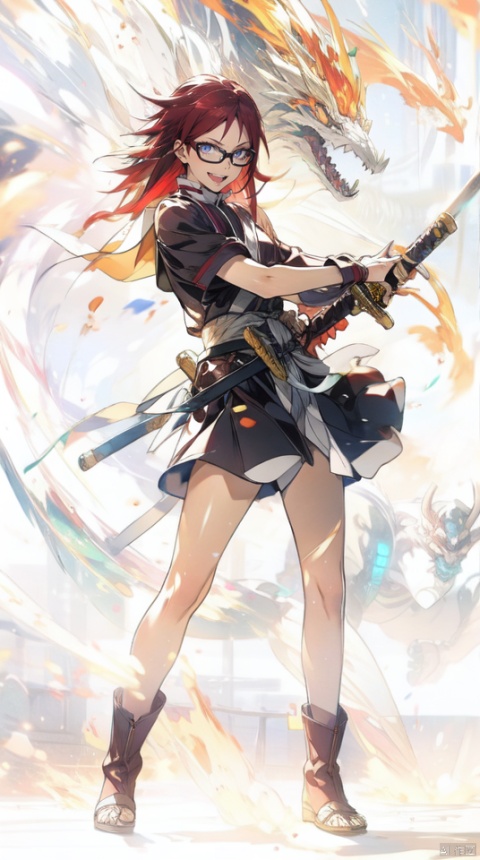  masterpiece, best quality, 1girl, Karin Uzumaki ,slender, beasts,(boots:1.1), bare shoulders,looking at viewer, fantasy world background,black glasses,red long hair, holding, open mouth, standing, full body, weapon,fire, red armor, sword,holding weapon, holding sword, katana, sheath, sheathed, fighting stance, unsheathing, segaev,  Karin_Uzumaki, Karin_Uzumaki, Naruto, taoist,Karin, mechpp