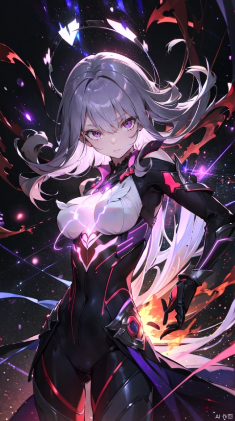  masterpiece, best quality, 1girl, solo, long hair, purple hair, slender,floating hair ,(extremely delicate eyes:1.3),mage, detailed light silver shiny armour,bare shoulders,white tight bodysuit , breasts, (perfect body),attacking, fire,electric ,magic, purple with red theme,galaxy,powerful ,fazhen, r1ge, CLOUD, Lora_hands_v1