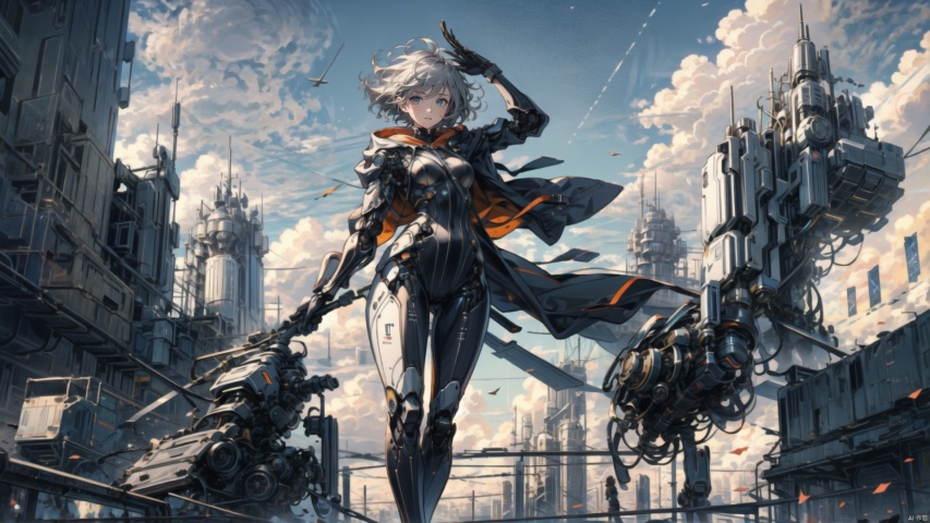  ((masterpiece:1.2)),(( best quality)), 1girl,  ,holding, sky, solo, hood up, , hood, outdoors, cloud, holding machinery weapon , blue sky, white hair, short hair, ruins, building, standing, grey hair, day, from below, bodysuit, cape ,machinery, tianxie, ROBOTANIMESTYLE, robot girl,