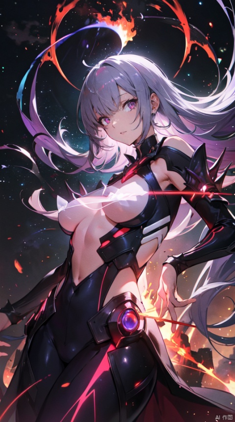  masterpiece, best quality, 1girl, solo, long hair, purple hair, slender,floating hair ,(extremely delicate eyes:1.3),mage, detailed light silver shiny armour,bare shoulders,white tight bodysuit , breasts, (perfect body),attacking, fire,electric ,magic, purple with red theme,galaxy,powerful ,fazhen, r1ge, CLOUD, Lora_hands_v1