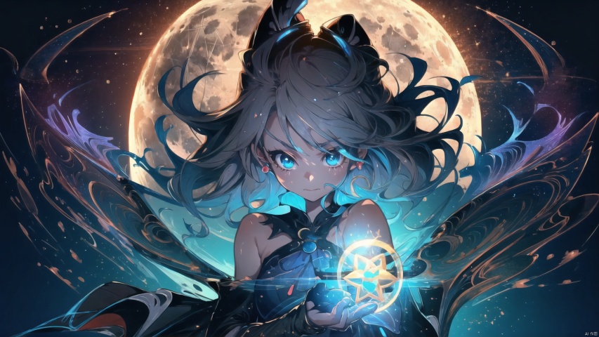  masterpiece, extremely detailed CG unity 8k wallpaper, best quality, high resolution illustration, Amazing, highres, intricate detail,  Fantasy World,(a little girl, cute girl), bare shoulders,closed mouth, 
long hair, blue hair, blue eyes, blue which hat, 
oversized white shirt, dark cape, wind magic, 
(Holding long sorcerer's staff), magic pose,
kawaiitech, kawaii, cute colors, Magic Circle, Magic MIX1, fansty world, SEGAE, segaev, As the moon, prisma illya,1girl