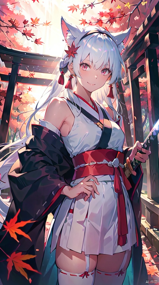 masterpiece, best quality, intricate details, 1girl, upper body,solo, slender, tall,long hair, looking at viewer,  white hair, very long hair, outdoors, serafuku, hair ornament, thighhighs, bare shoulders, jewelry, hairband, earrings, detached sleeves, japanese clothes,wide sleeves, white thighhighs, red skirt, obi, sandals,, tassel, hakama, nontraditional miko, hip vent,sword, red eyes, tree, leaf, katana, realistic, autumn leaves, torii, autumn,fox ears, iridescent light,(glow light:1.1)
, taoist, backlight, segaev, Lora_hands_v1