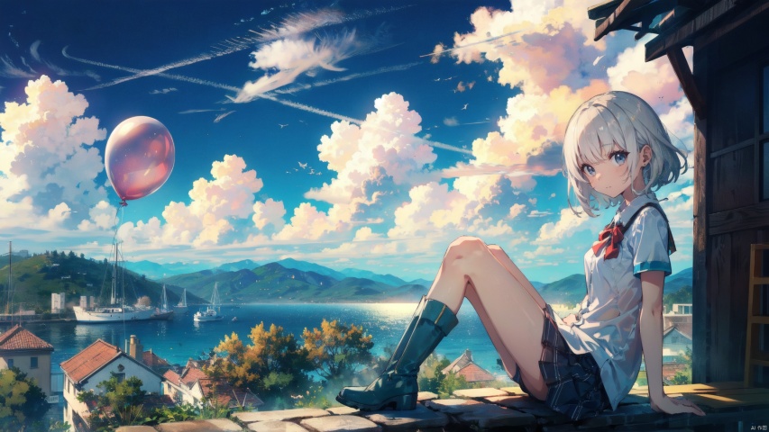 (Masterpiece:1.2), high quality,(pixiv:1.4),fansty world,1girl,cute,kawaii,solo,looking at viewe, looking at viewer, jewelry, blue eyes, short hair, earrings, white hair, bangs, small breasts, the girl is sitting on top of a building overlooking the view and some sky, balloon,  scenery, sky, outdoors, cloud, v, boots, blue sky,  day, building, cat,((poakl)),