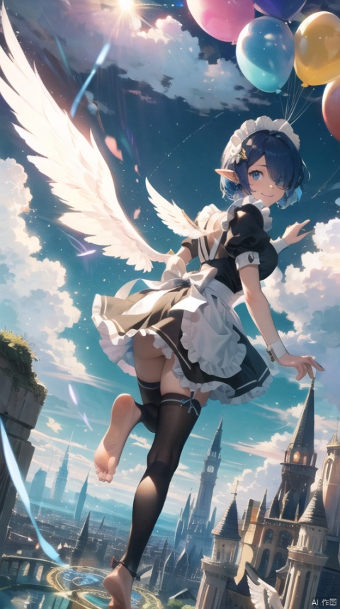  masterpiece, best quality, 1girl, 30 years old,solo,breasts, looking at viewer,(fantasy) ,smile, elf ears,short hair, blue eyes,galaxy,magic circle, hair ornament, ribbon, blue hair, hair ribbon, angel wings with wind effect, hair over one eye, barefoot,cloud,maid, parody, hearts balloon,sky castle, roswaal mansion maid uniform,  sky,cloud, segaev, landing, lora_eyes10, , jellyfishforest, See through maid, fazhen