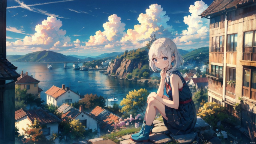 (Masterpiece:1.2), high quality,(pixiv:1.4),fansty world,1girl,cute,kawaii,solo,looking at viewe, looking at viewer, jewelry, blue eyes, short hair, earrings, white hair, bangs, small breasts, the girl is sitting on top of a building overlooking the view and some sky, balloon,  scenery, sky, outdoors, cloud, v, boots, blue sky,  day, building, cat,((poakl)),