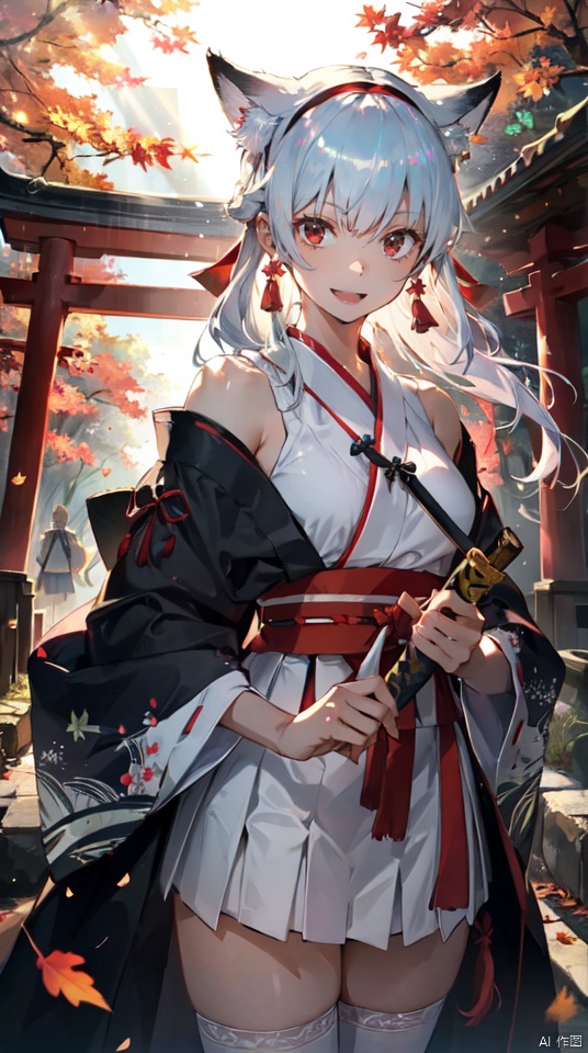 masterpiece, best quality, intricate details, 1girl, upper body,solo, slender, tall,long hair, looking at viewer,  white hair, very long hair, outdoors, serafuku, hair ornament, thighhighs, bare shoulders, jewelry, hairband, earrings, detached sleeves, japanese clothes,wide sleeves, white thighhighs, red skirt, obi, sandals,, tassel, hakama, nontraditional miko, hip vent,sword, red eyes, tree, leaf, katana, realistic, autumn leaves, torii, autumn,fox ears, iridescent light,(glow light:1.1)
, taoist, backlight, segaev, Lora_hands_v1, lora_eyes10